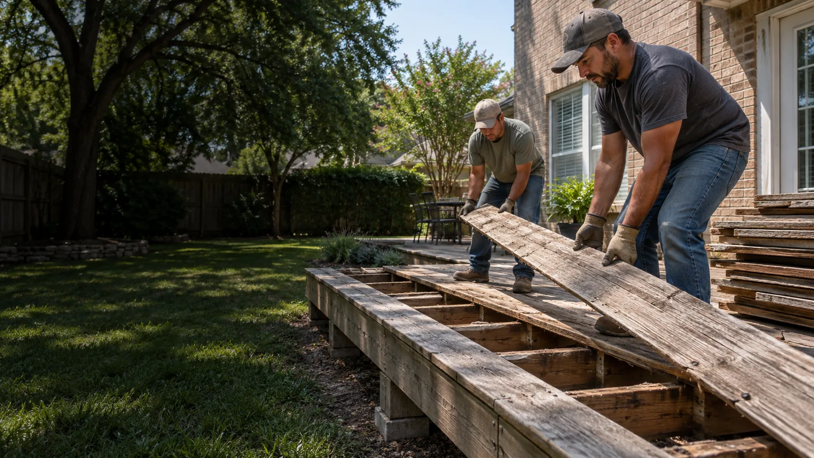 Workers removing boards from an old backyard deck