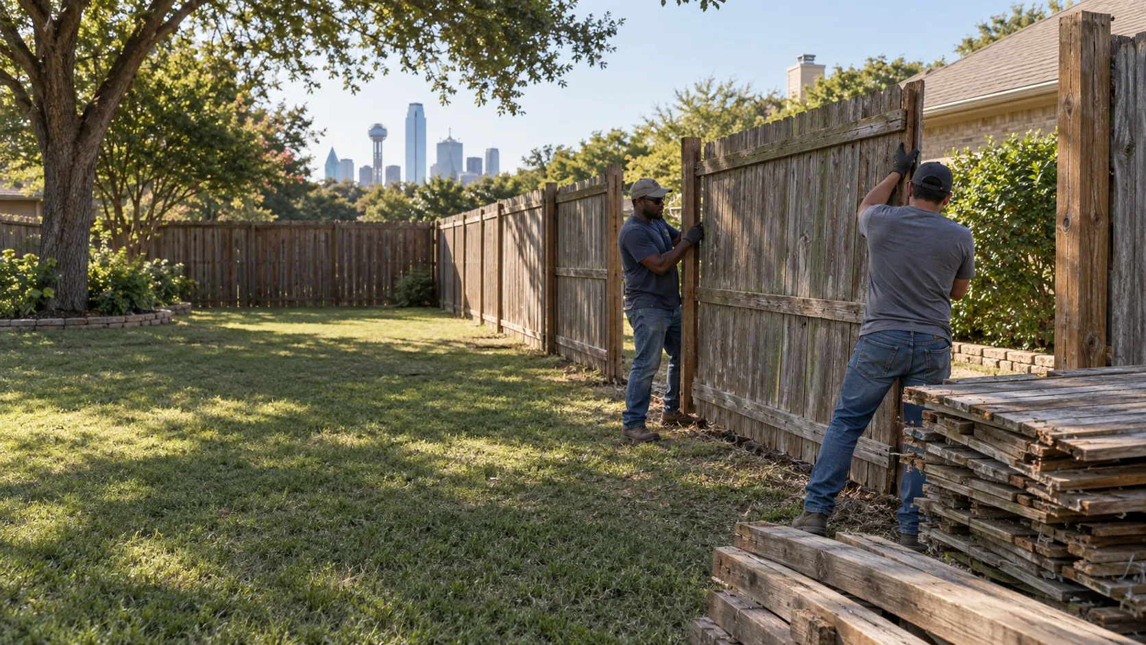 Workers removing a wooden backyard fence panel