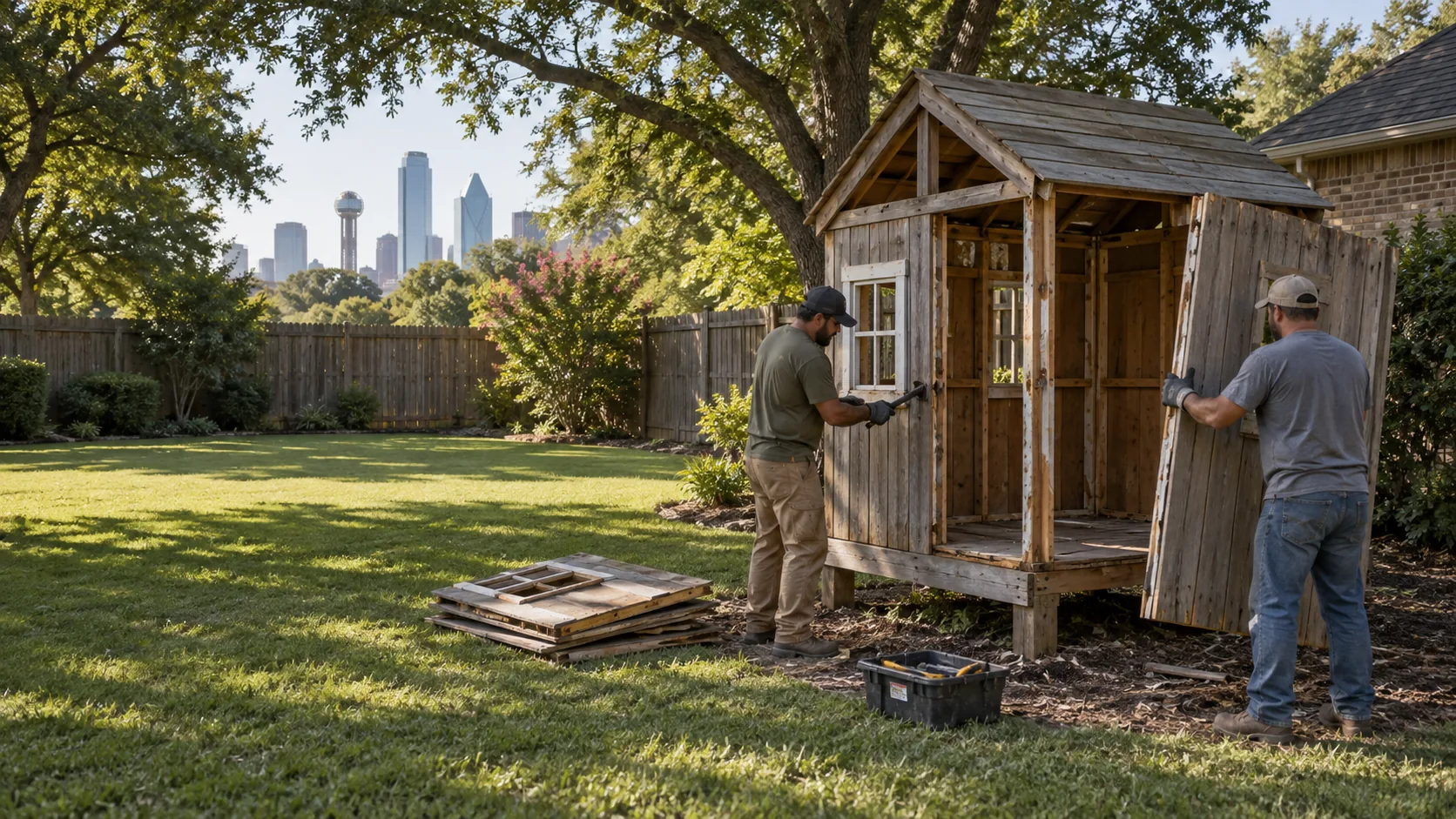 Workers dismantling a backyard playhouse